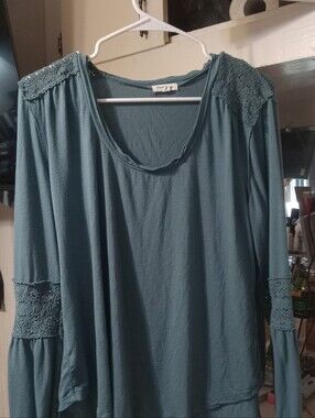 Women's Teal Lace-Trim Long Sleeve Scoop Neck Top
